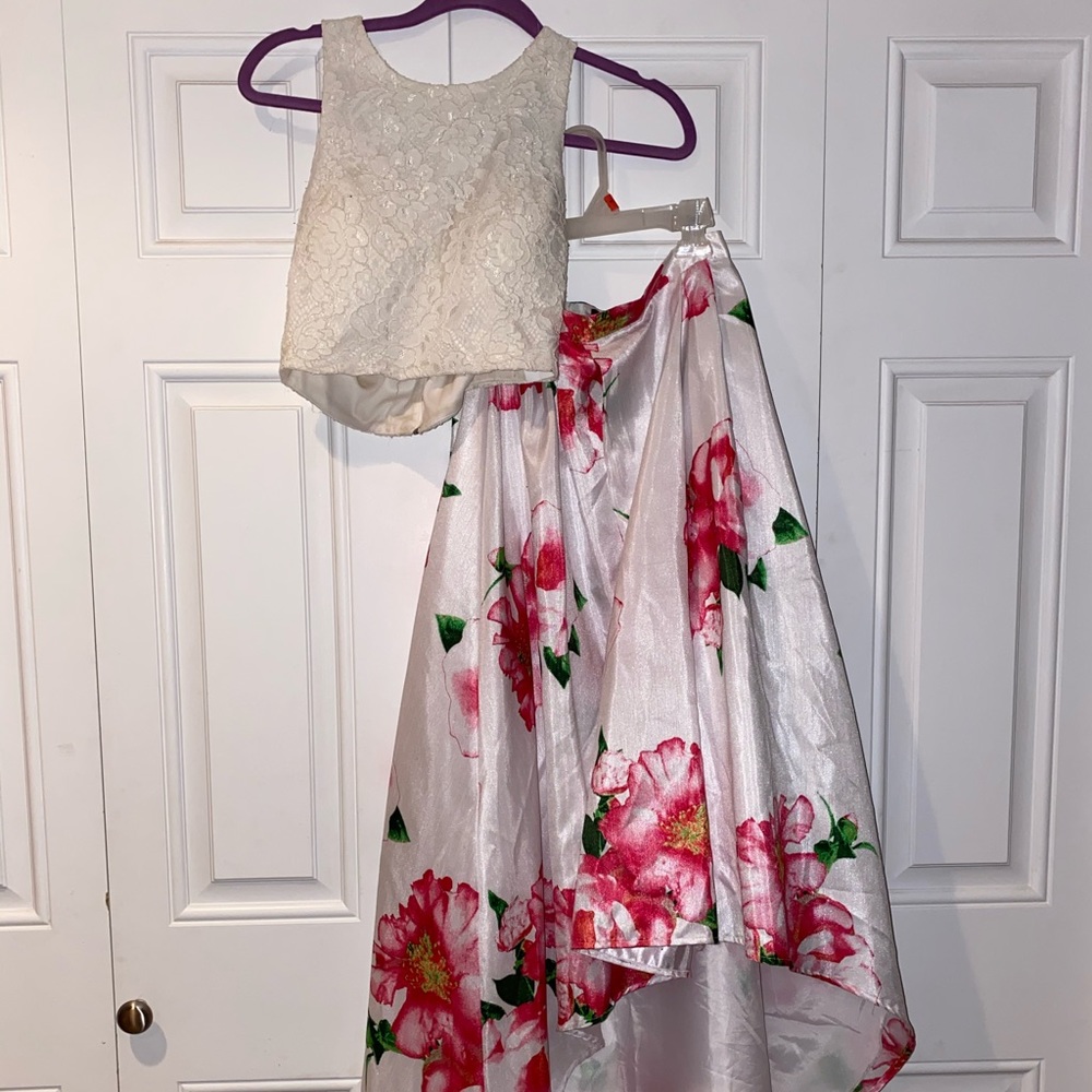 Two Piece High Low Floral Lace Formal Dress